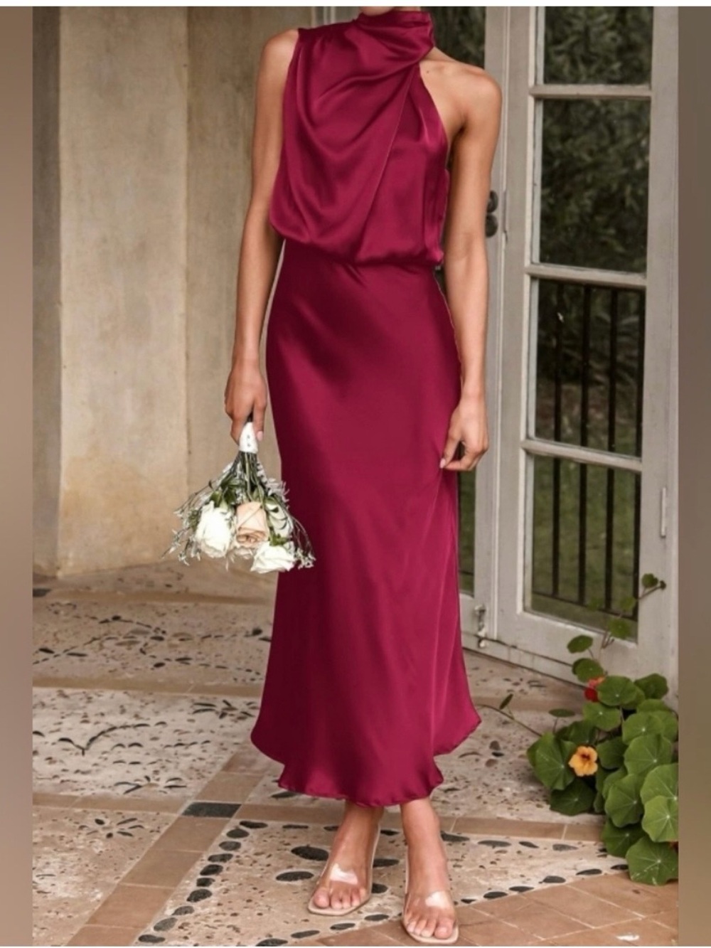 Pretty Garden Deep Red Satin Halter Dress, size M
